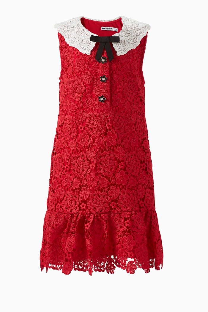 

Floral Lace Collar Dress in Polyester, Red