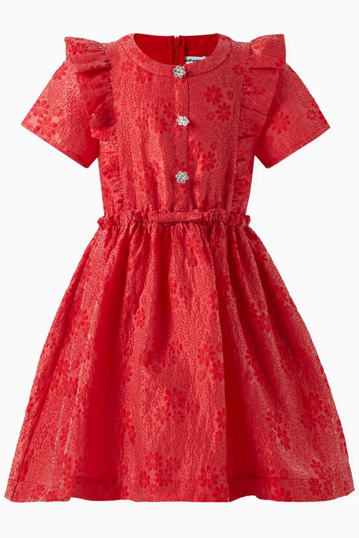 

Floral Textured Dress in Polyester, Red