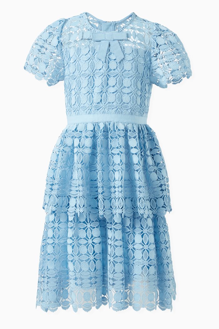 

Tiered Midi Dress in Guipure Lace, Blue