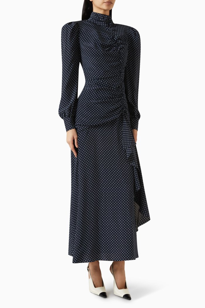 Button Gathered Polka-dot Dress in Silk, Blue