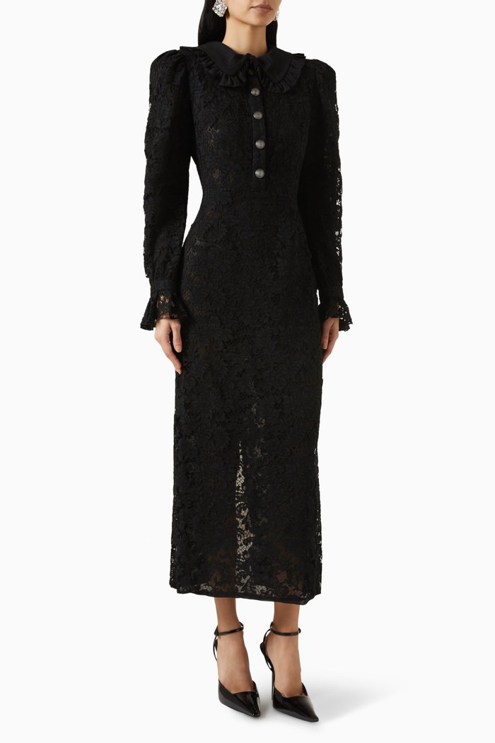 

Collared Midi Dress in Lace, Black