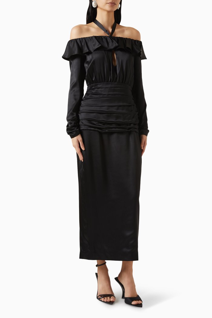 

Off-shoulder Maxi Dress in Silk-satin, Black