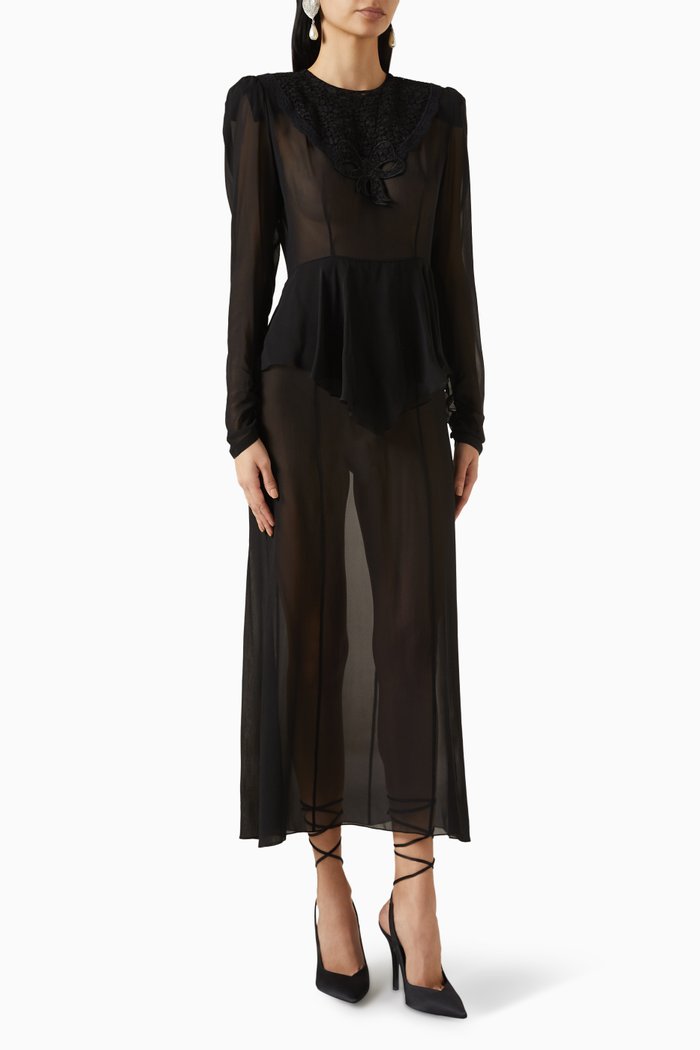 Lace-embroidered Midi Dress in Silk-georgette, Black