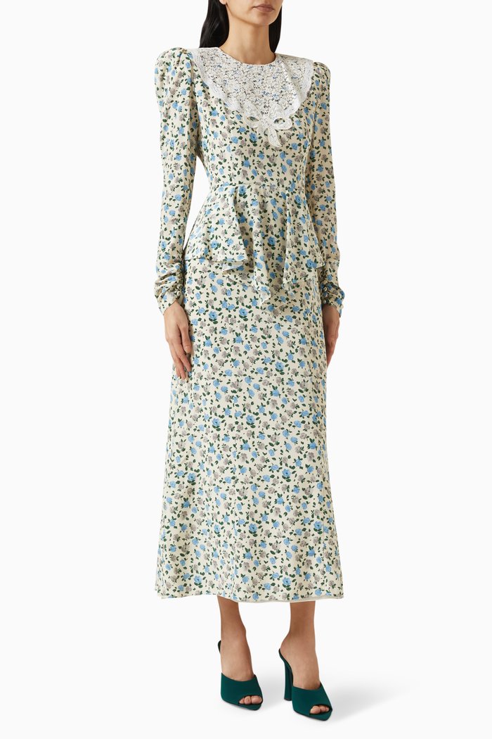 Floral-print Midi Dress in Silk, Blue