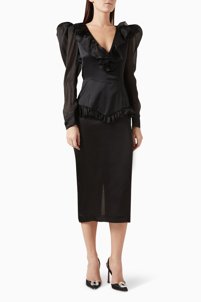 

Puff-shoulder Midi Dress in Silk Satin, Black