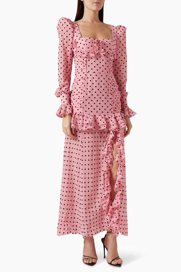 

Flocked Polka-dot Maxi Dress in Silk-georgette, Pink