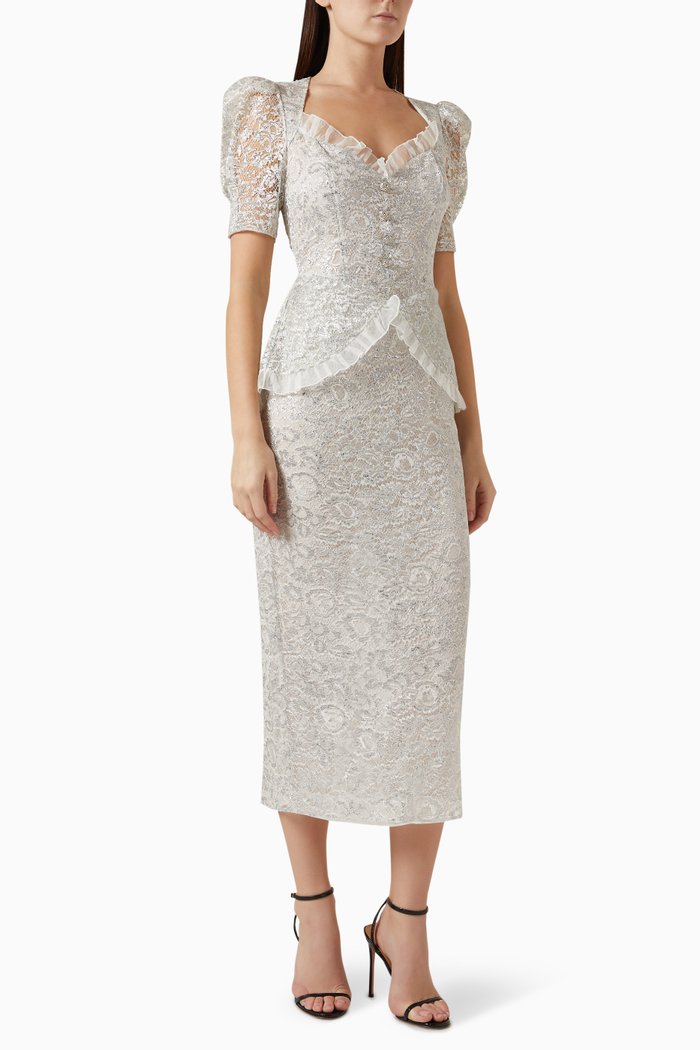 

Puff-sleeve Evening Dress in Lurex Lace, White