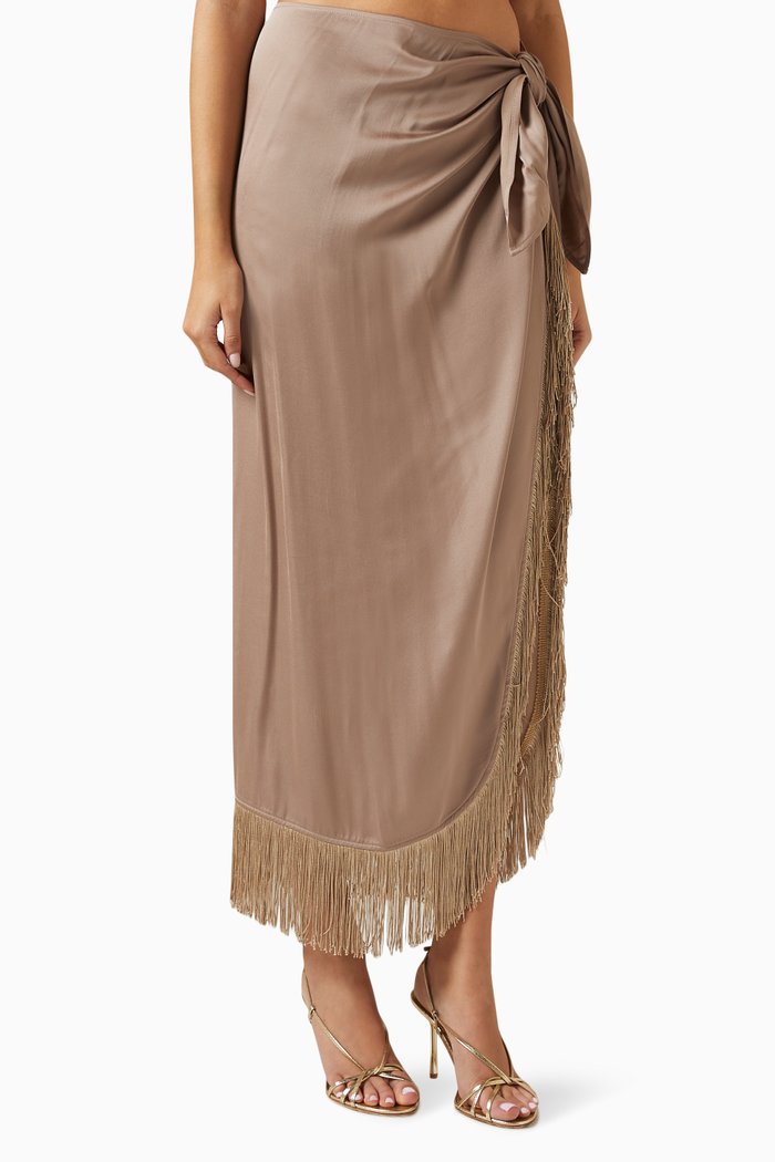Clemmy Fringed Sarong in Matte Satin, Neutral