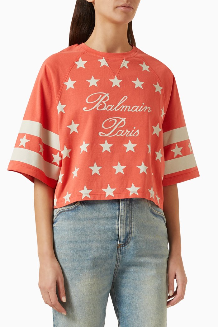 

Signature Stars Cropped T-Shirt in Cotton, Red