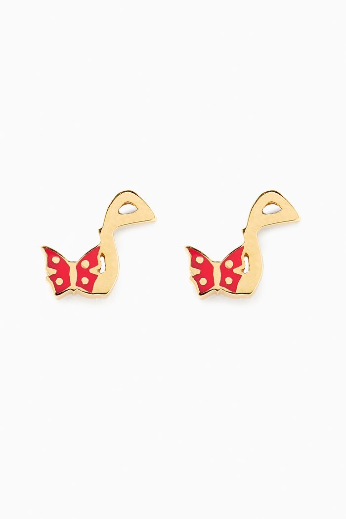 'M' Letter Butterfly Charm Stud Earrings in 18kt Yellow Gold, Pink
