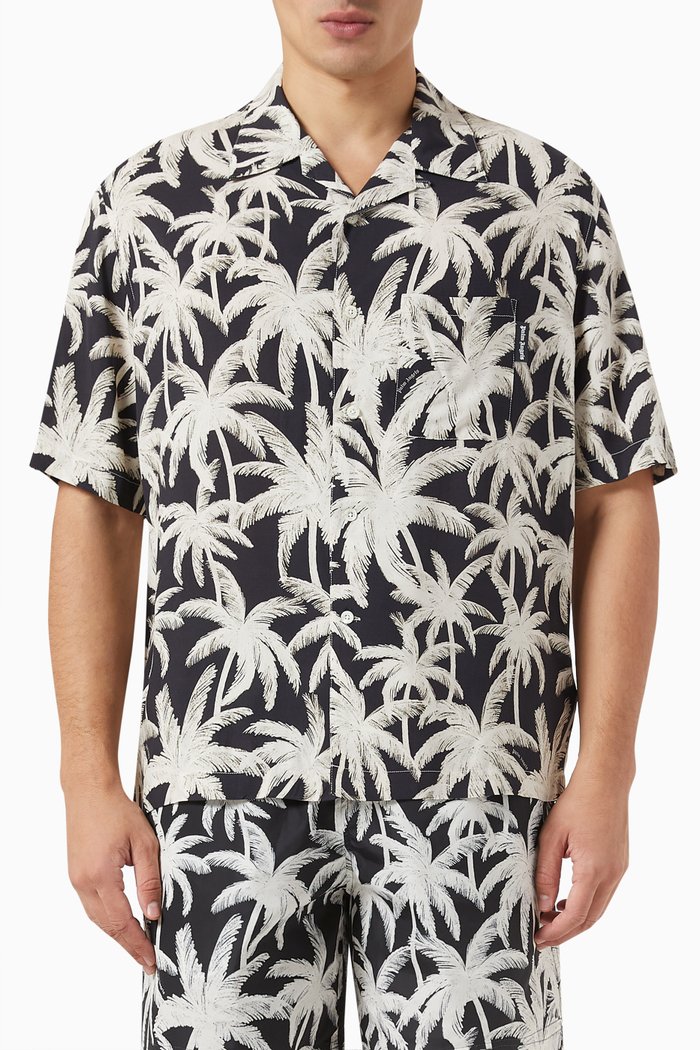 

Palms Print Bowling Shirt in Viscose, Black