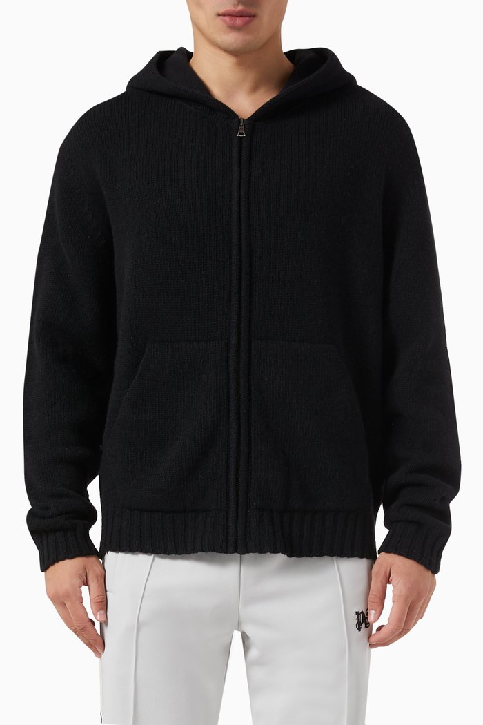 

Curved Logo Hoodie in Wool Blend Knit, Black