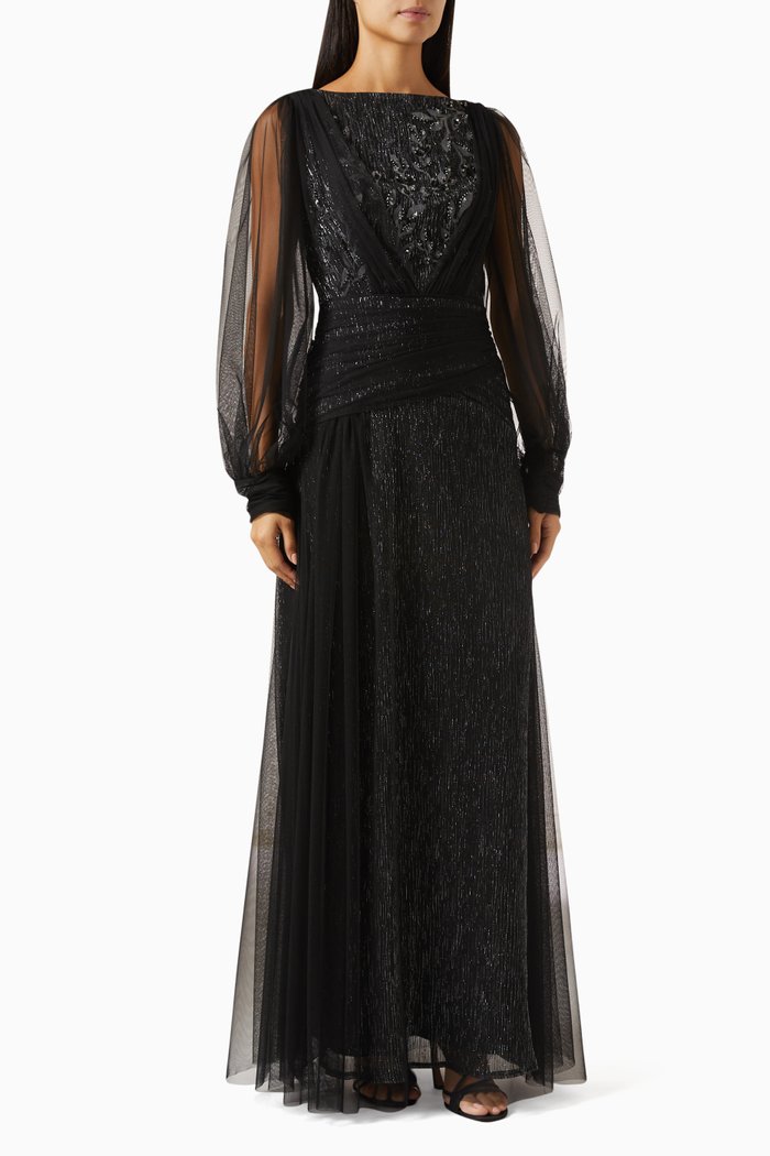 

Bead-embellished Maxi Dress in Tulle, Black