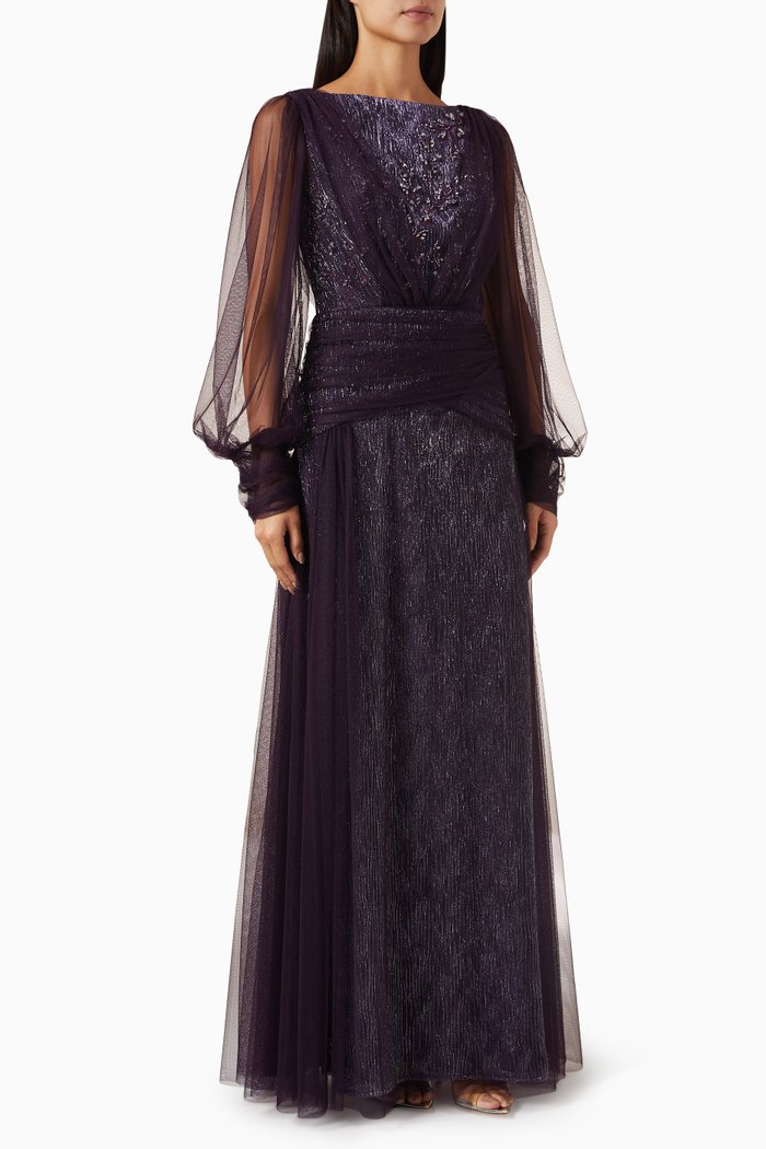 

Bead-embellished Maxi Dress in Tulle, Purple