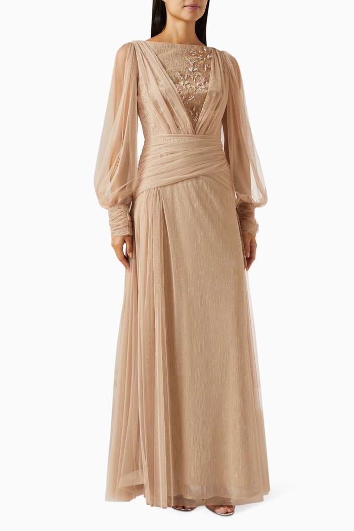 

Bead-embellished Maxi Dress in Tulle, Gold
