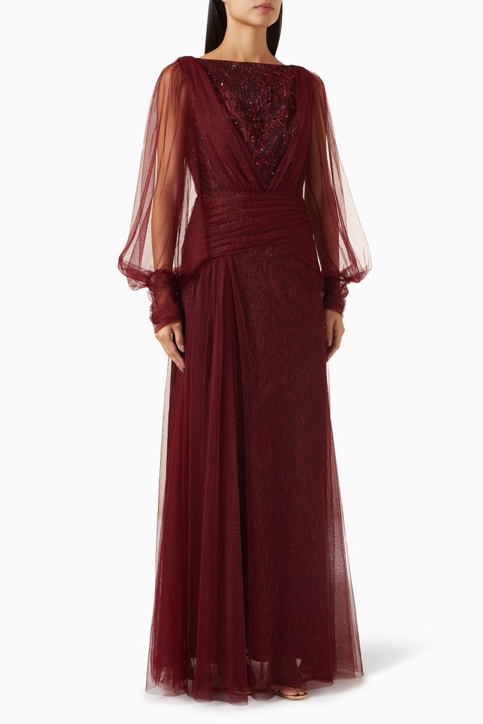 

Bead-embellished Maxi Dress in Tulle, Burgundy