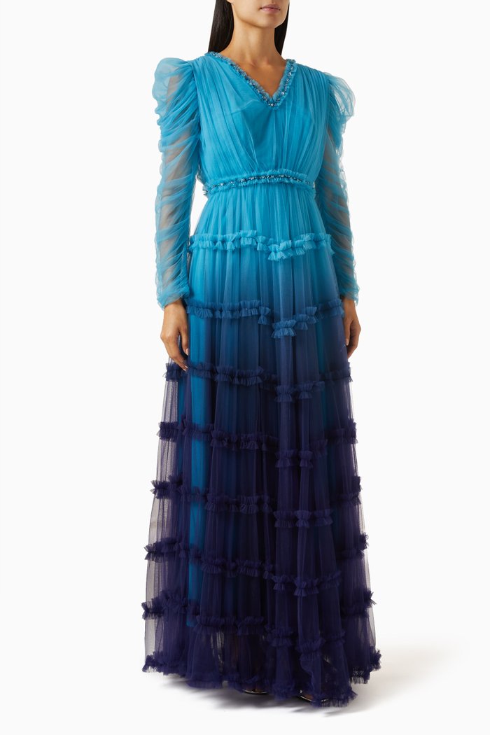 

Ombre Ruffle Maxi Dress in Tulle, Blue