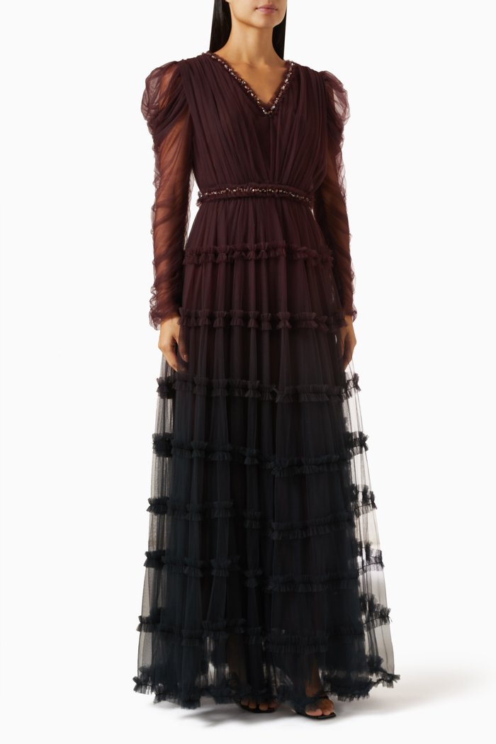 

Ombre Ruffle Maxi Dress in Tulle, Red