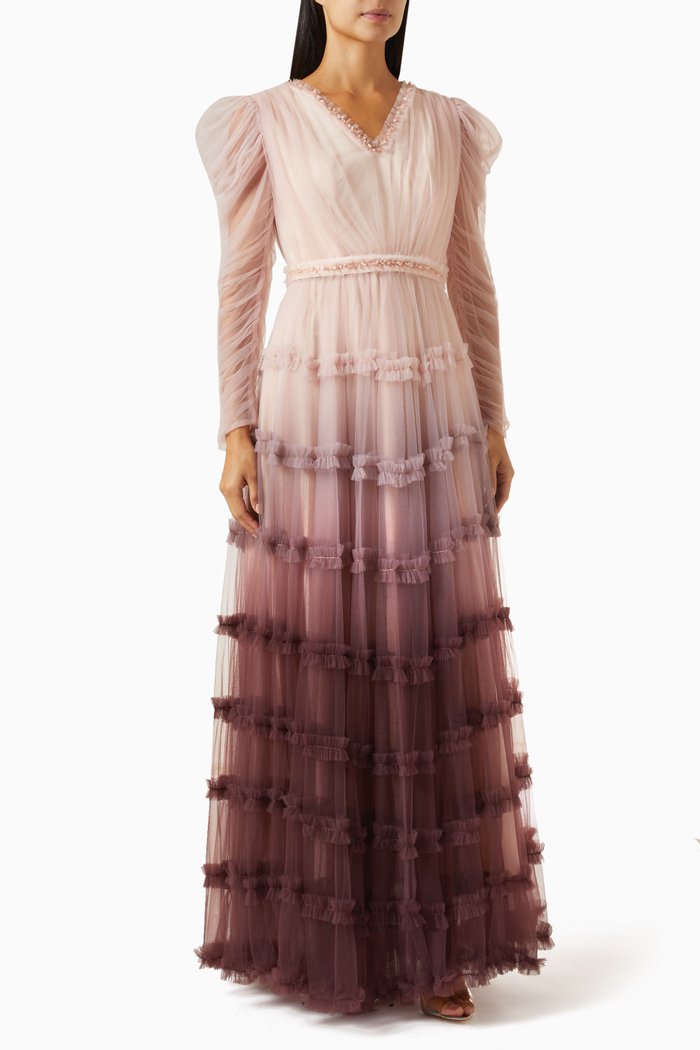 

Ombre Ruffle Maxi Dress in Tulle, Pink