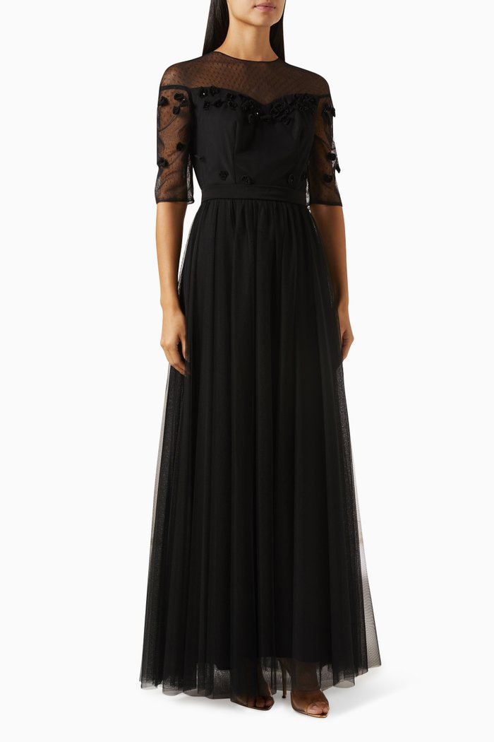 

Embellished 3D floral Applique Maxi Dress in Tulle, Black