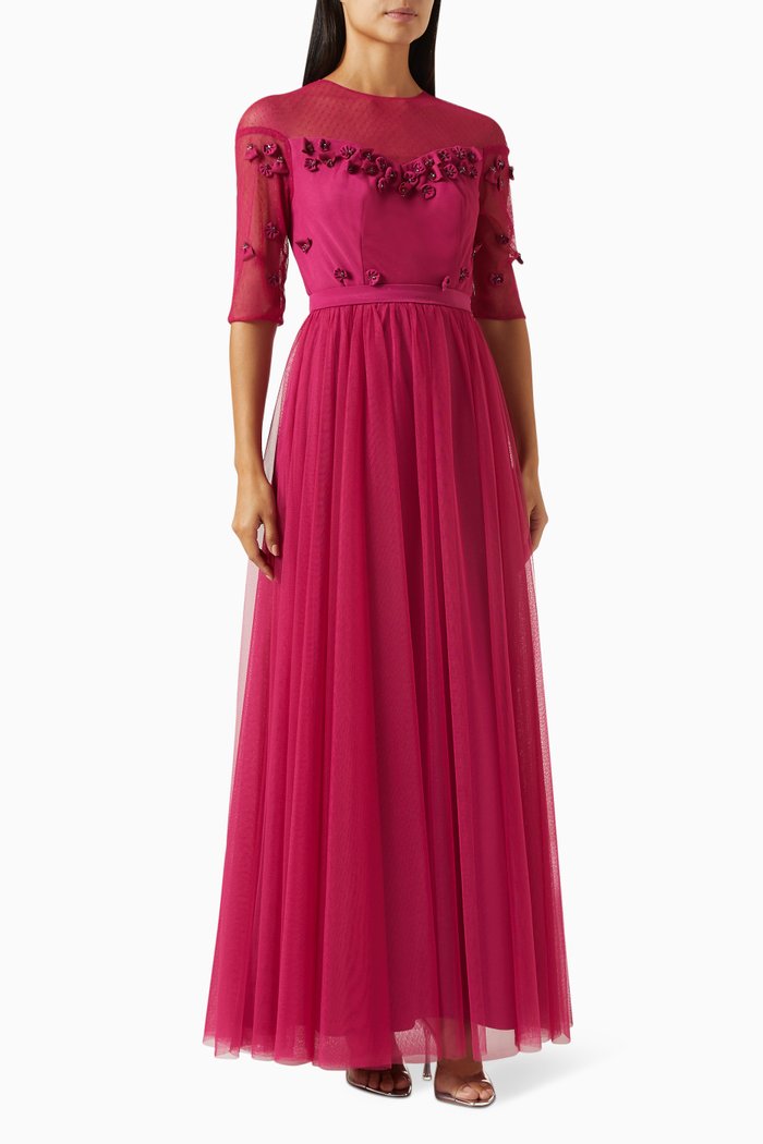 

Embellished 3D floral Applique Maxi Dress in Tulle, Pink