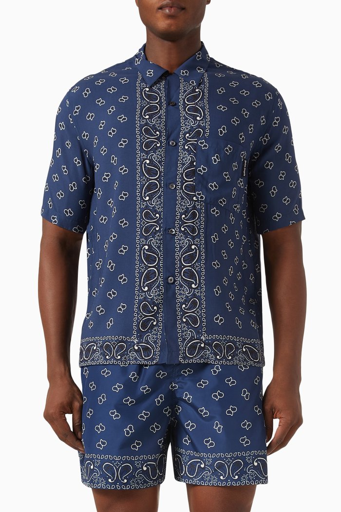Paisley-print Bowling Shirt in Viscose, Blue