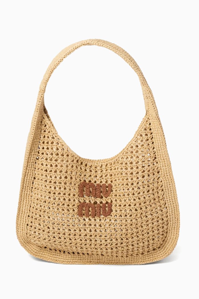 Medium Logo Shoulder Bag in Raffia, Neutral