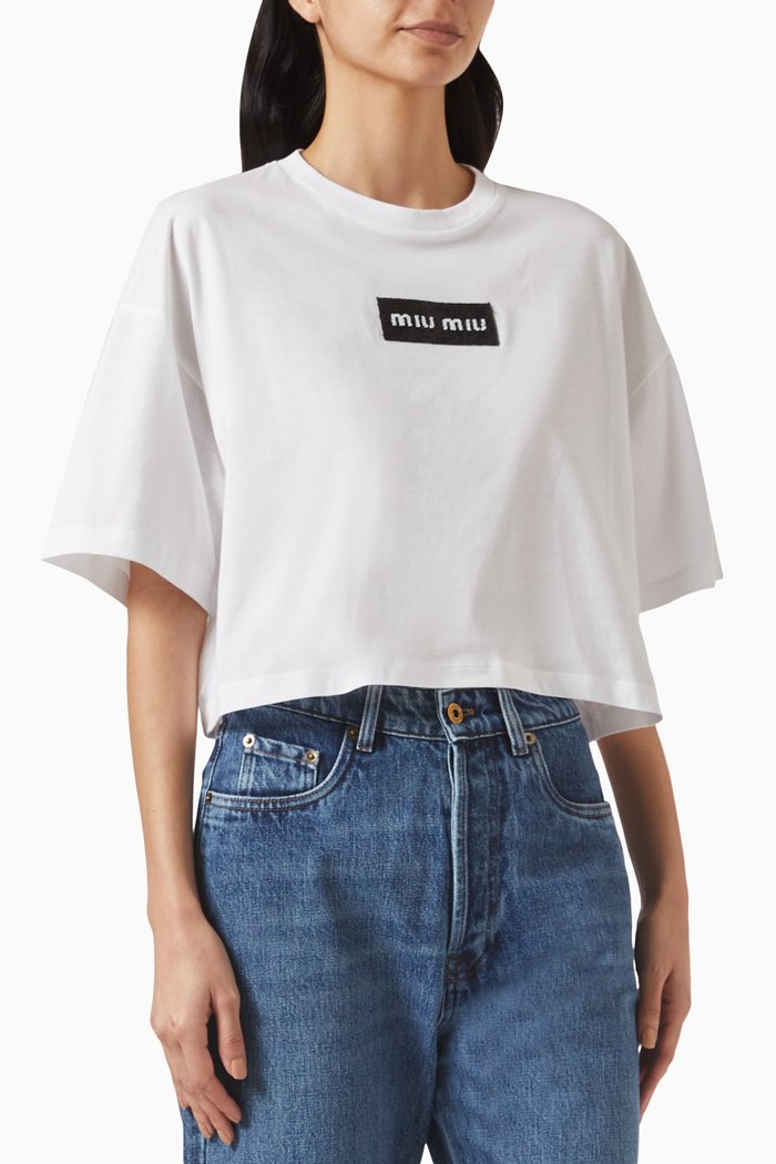 

Embellished Logo Crop T-shirt in Cotton Jersey, White