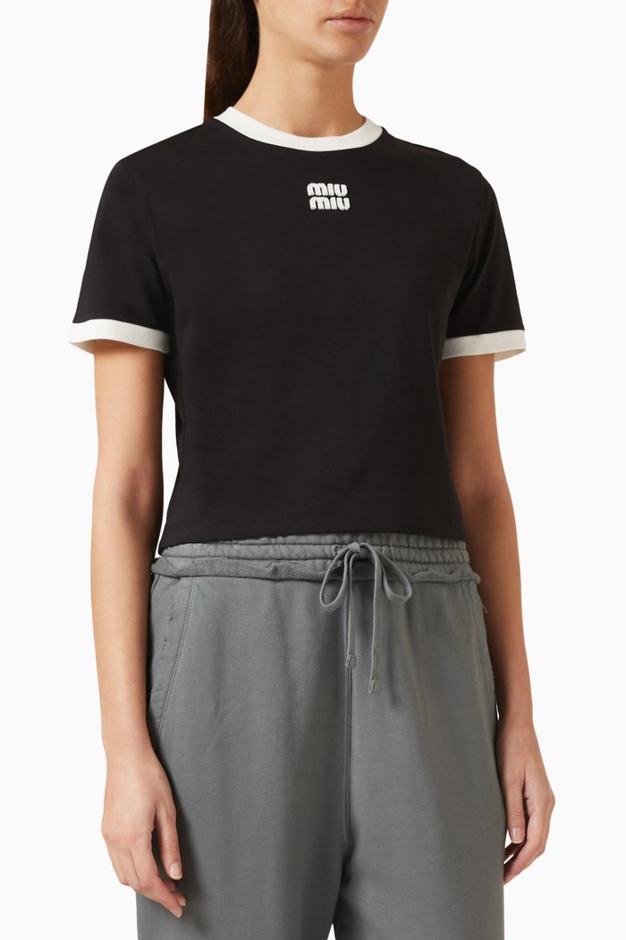 

Flocked Logo Crop T-shirt in Cotton, Black