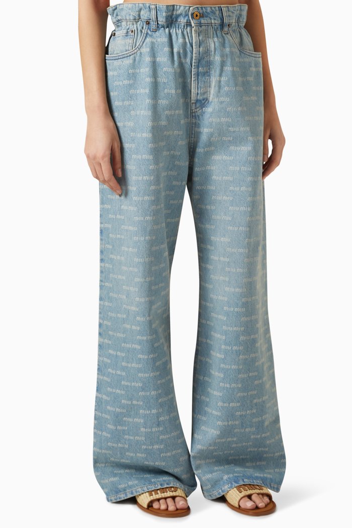 

Logo-print Wide Leg Jeans in Denim, Blue