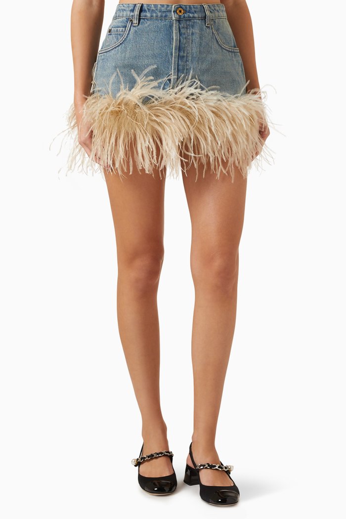 

Feather-trim Mini Skirt in Denim, Blue