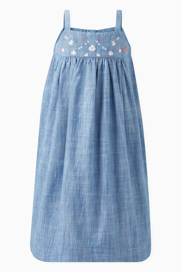 

Floral Embroidered Dress in Organic Cotton, Blue