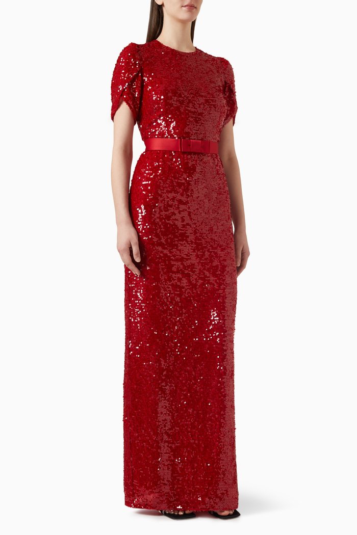 Belted Column Maxi Dress in Sequin, Red