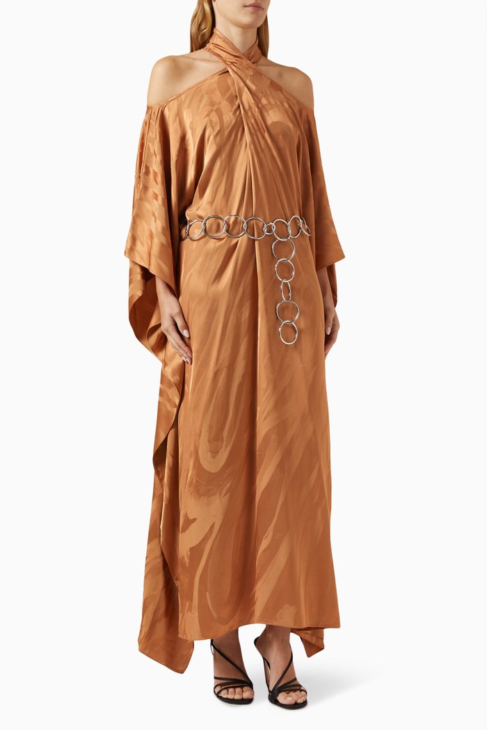 

Mambo Psychedelia Belted Kaftan in Satin, Brown