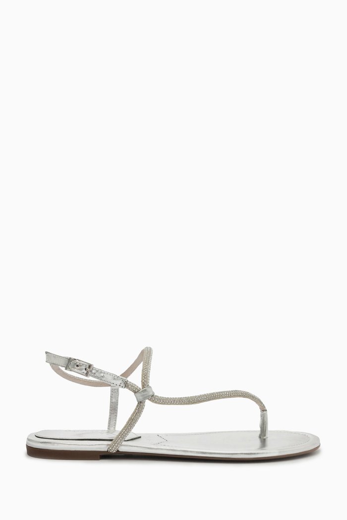 Flat Sandals in Metallic Leather, Silver