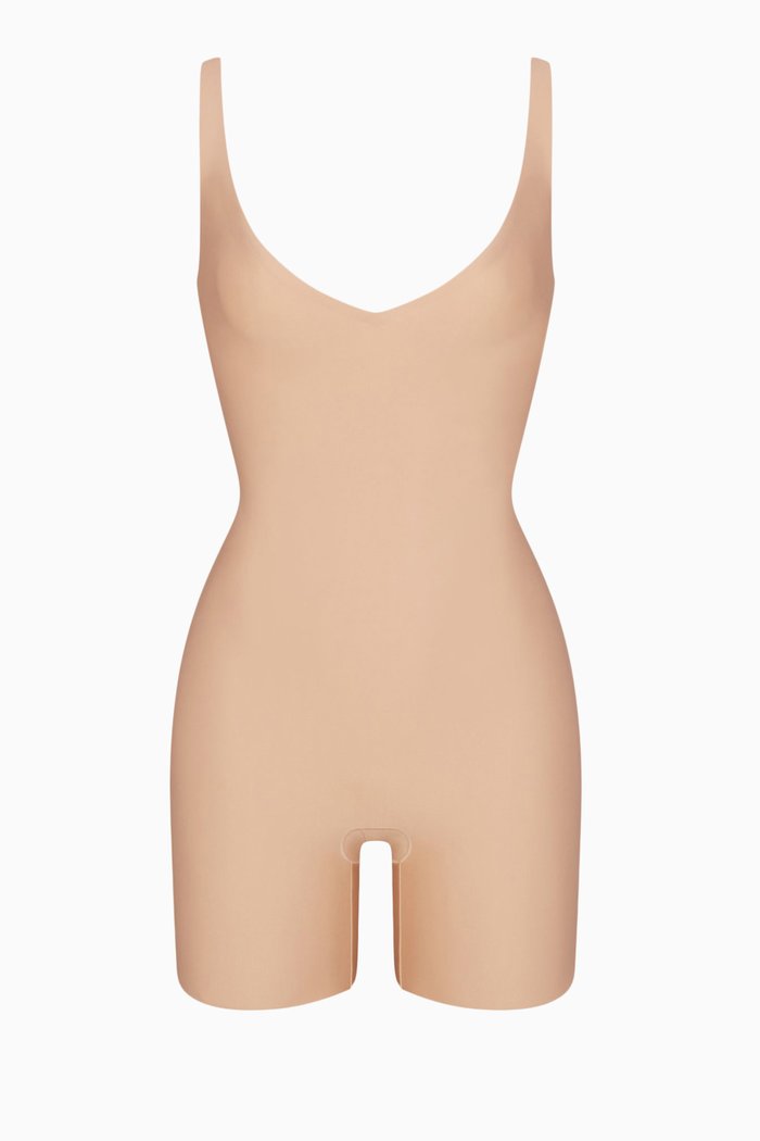 

Plunge Mid-Thigh Bodysuit in Stretch Nylon, Grey