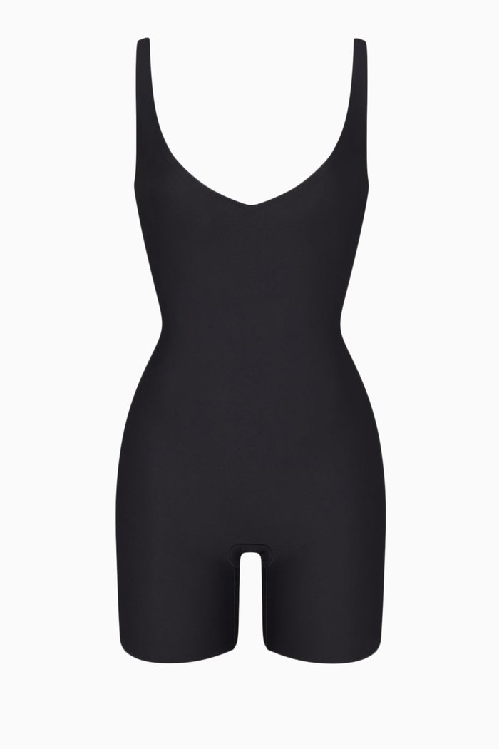 

Plunge Mid-Thigh Bodysuit in Stretch Nylon, Black