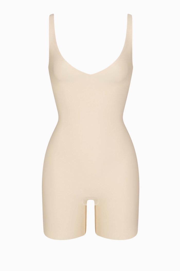 Plunge Mid-Thigh Bodysuit in Stretch Nylon, Neutral