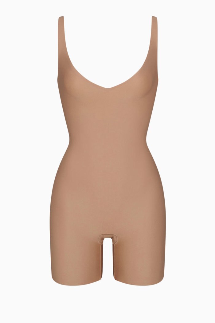 

Plunge Mid-Thigh Bodysuit in Stretch Nylon, Brown