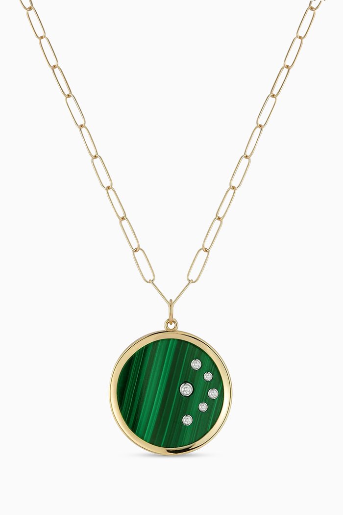 Malachite Medallion Paperclip Chain Necklace in 14kt Gold, Yellow