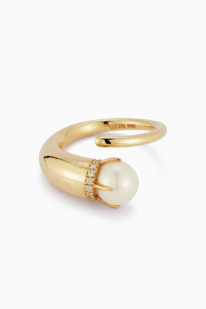 

Diamond & Pearl Cornucopia Ring in 14kt Gold, Yellow