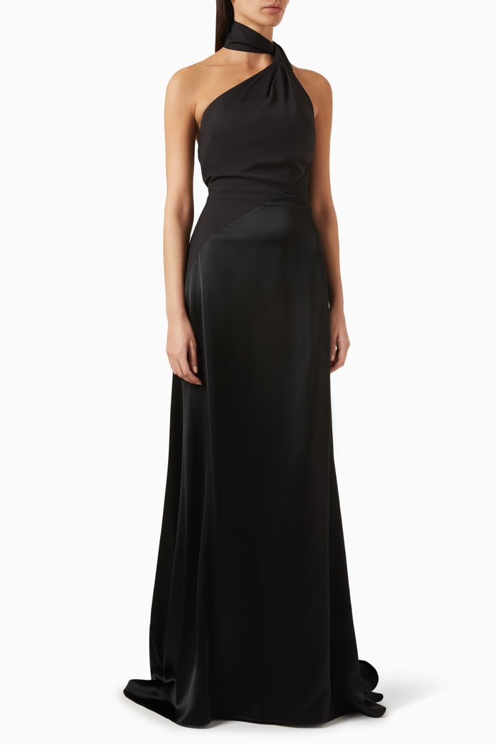 

Neck-tie Maxi Dress in Crepe, Black