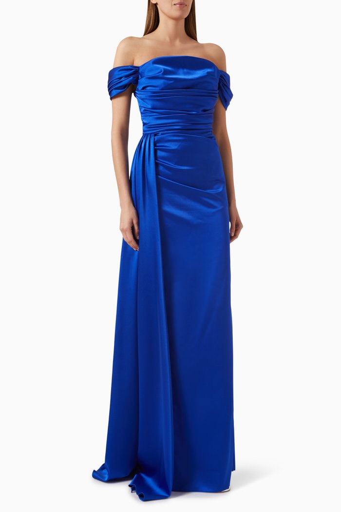 

Off-shoulder Maxi Dress in Satin, Blue