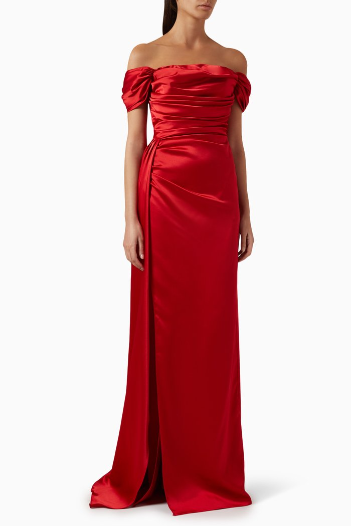 Off-shoulder Maxi Dress in Satin, Red
