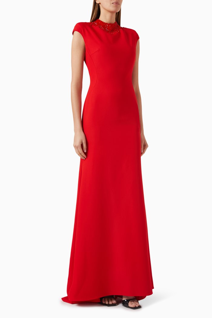 

Bead-embellished Maxi Dress in Stretch-crepe, Red