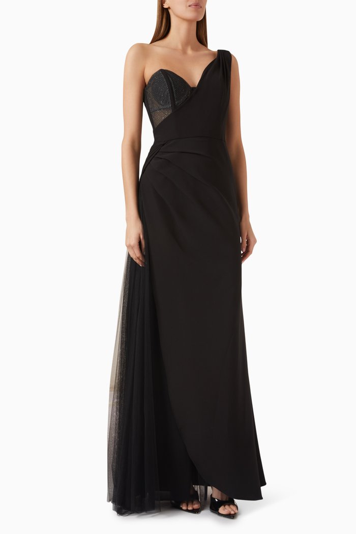 

One-shoulder Maxi Dress in Stretch Crepe, Black