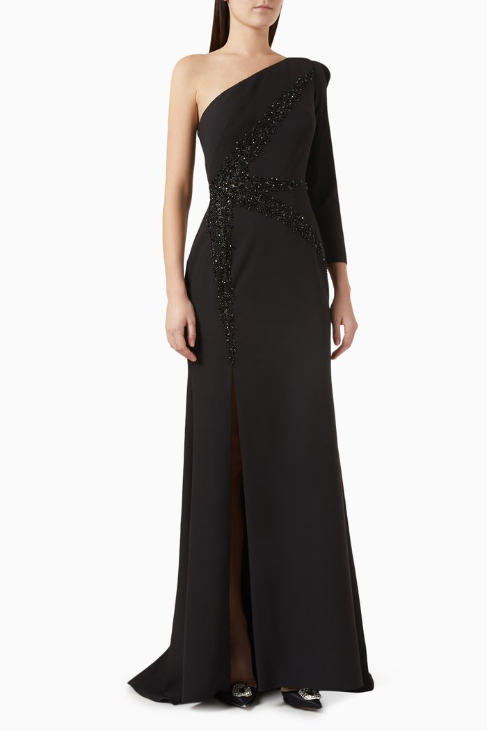

Bead-embellished Maxi Dress in Stretch Crepe, Black