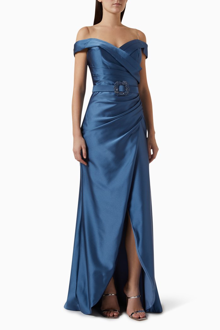 

Off-shoulder Maxi Dress in Satin, Blue