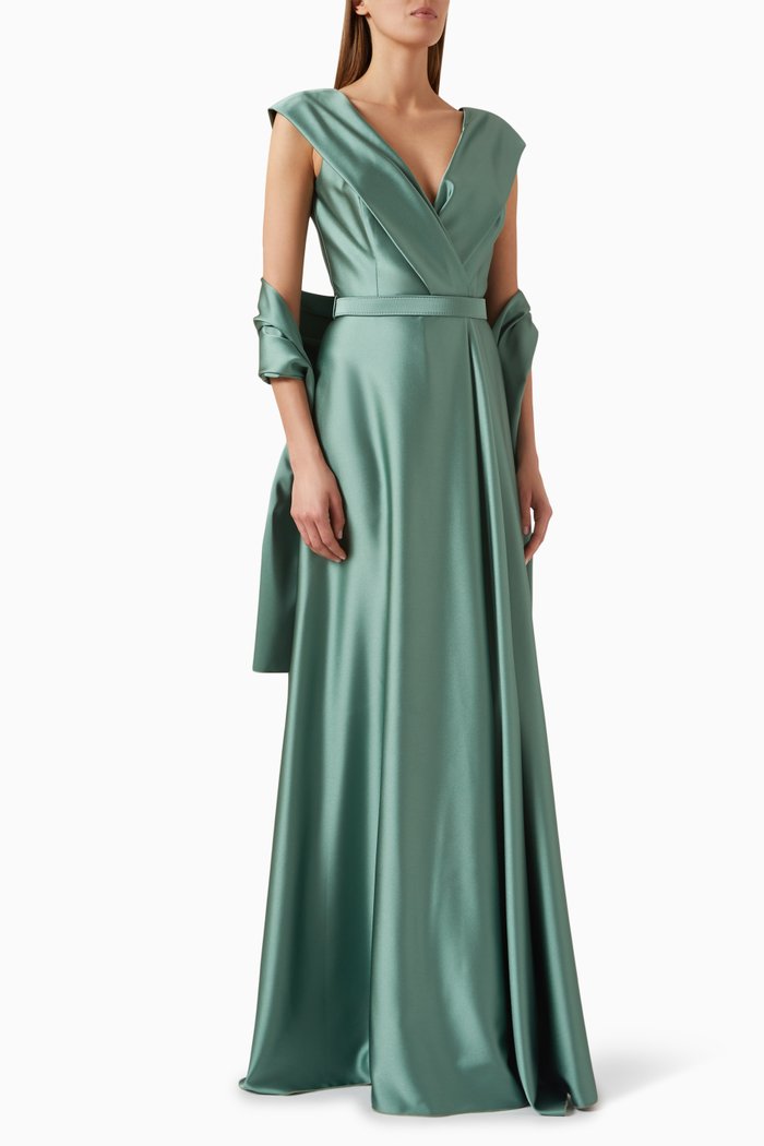 

Belted Maxi Dress in Satin, Green