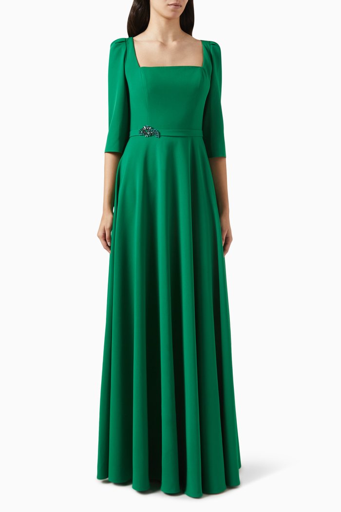 Bead-embellished Maxi Dress in Stretch-crepe, Green